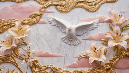  A white marble dove flying across a field of lilies carved from alabaster illustration. Ai generated.