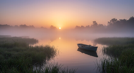 A lone boat rests on a misty river during a tranquil and beautiful golden sunrise.