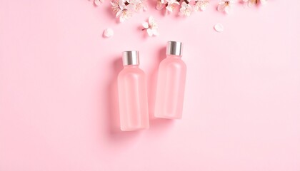 Two translucent pink bottles with silver caps rest on a pink background, adorned with delicate cherry blossoms.