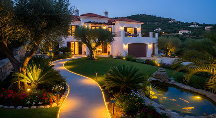 Naklejka premium Elegant White Villa with Lit Garden Path at Dusk