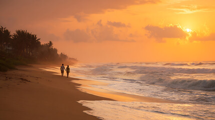 Evening beach scene with silhouettes of couples walking, golden sunset and calm waves creating a romantic vacation mood.