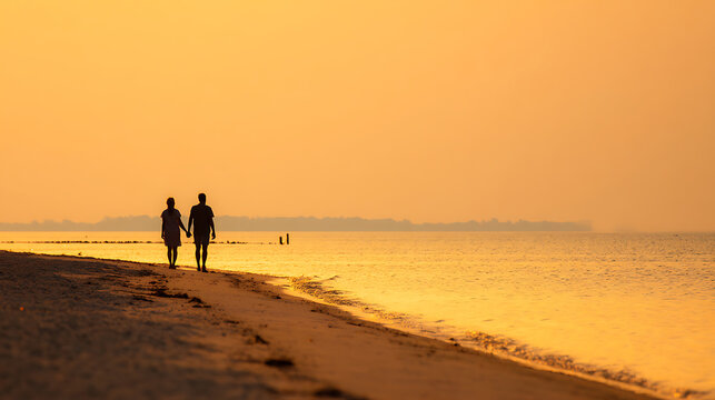 Evening beach scene with silhouettes of couples walking, golden sunset and calm waves creating a romantic vacation mood.