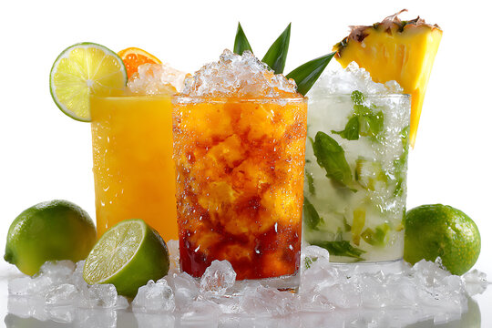 Vibrant tropical cocktails with fresh fruit and crushed ice glistening, perfect for summer promotions, bar menus, or vibrant party themes, creating a refreshing vibe