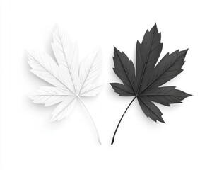 Two stylized maple leaves, one white, one black, sit side-by-side on a white background.