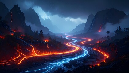 Neon Lava River Winding Through Mountainous Landscape at Night.