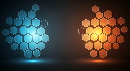 Abstract Technology Background with Blue and Orange Hexagonal Grids Representing Data Flow and Digital Communication for Modern Designs