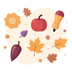 Flat vector illustration featuring autumn harvest elements like apple, pumpkins and leaves for seasonal decoration and design projects.