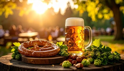 Oktoberfest: Golden hour illuminates a Bavarian beer garden scene, featuring a beer stein, pretzel, and hops.