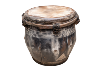 Aged, carved drum, leather top, dark wood