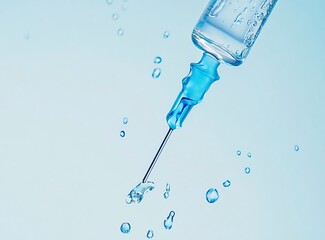 Close-up of a syringe needle with blue liquid flowing down, against a clear sky background, in a flat lay photography style, stock photo. 