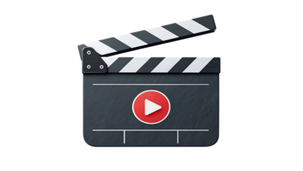 A clapperboard with a play button, representing film, video, and the entertainment industry Isolated on transparent background