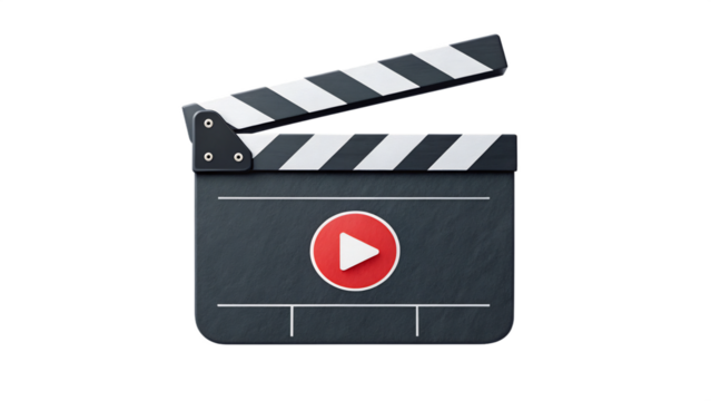 A clapperboard with a play button, representing film, video, and the entertainment industry Isolated on transparent background