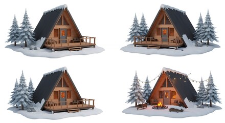 Set of four a frame cabin illustrations on snow