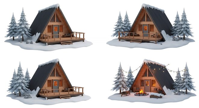 Set of four a frame cabin illustrations on snow