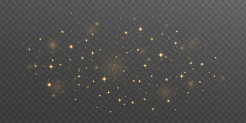 Magical golden dust with glowing bright particles and sparkling stars on transparent background. Stardust effect. Festive glitter lights for holiday or fantasy design. Vector illustration.