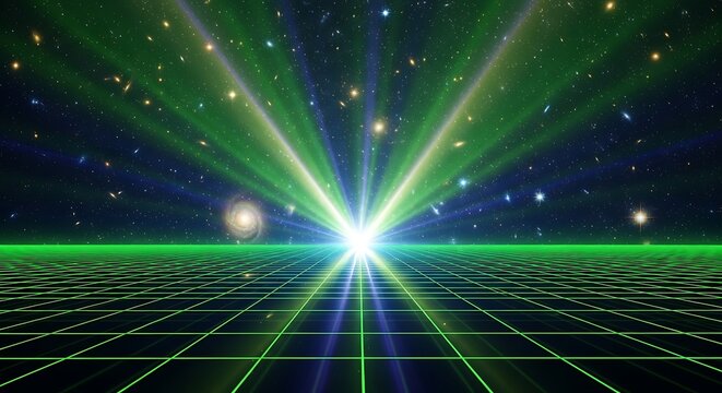 Surreal Space Landscape with Glowing Grid and Distant Galaxies Cosmic Horizon Abstract Background Sci Fi Futuristic Visualization