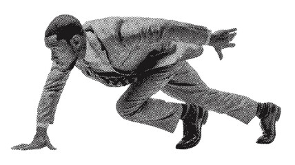 Obraz premium Halftone Effect Business Man Running Forward Depicting Career Ambition, Professional Drive, Determination, and Corporate Success