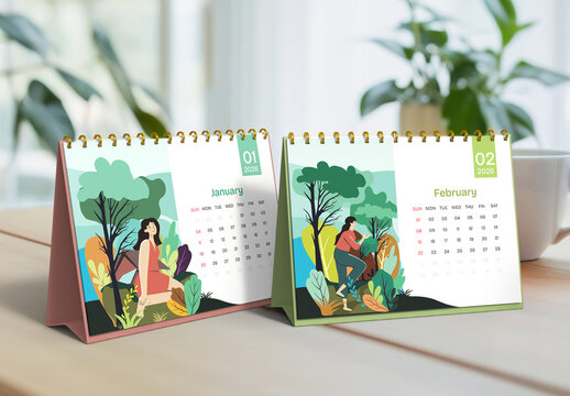 Minimal and Clean Desk Calendar 2026 with Scenic Nature Illustration