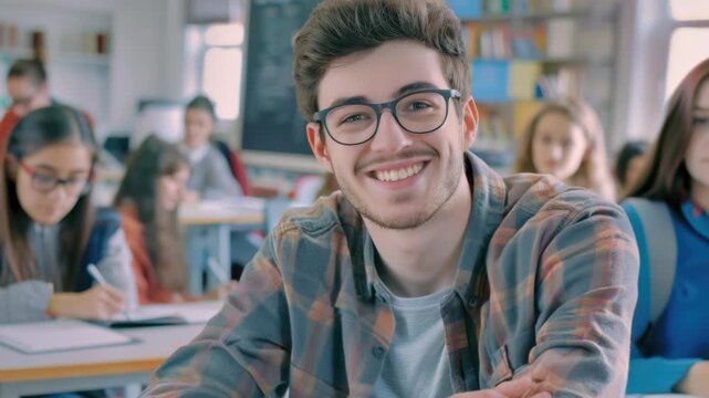 Young man in a classroom, laughing while seated at his desk. The setting is casual and the atmosphere suggests a moment of levity amidst an academic environment.