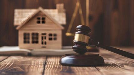 Gavel and model house depict real estate law and legal property issues today