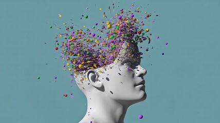 Title: Abstract 3D human head with exploding colorful particles
