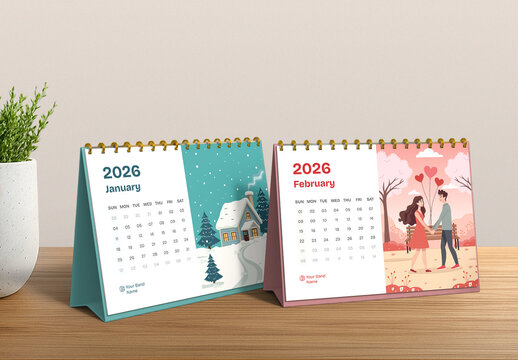 Modern 2026 Desk Calendar Planner with Seasonal Illustrations