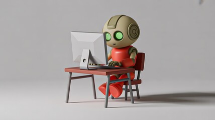 Title: Cute robot sitting at desk working on computer
