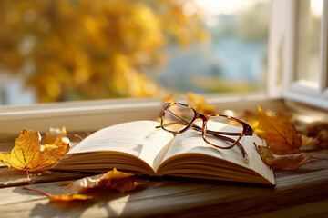Open book with glasses on window sill in autumn light