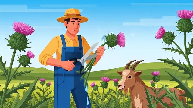 Lively farmer tending thistle patch with goat companion amidst sunny rural scenery