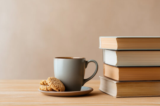 Cup of coffee with cookies and books on wooden table
