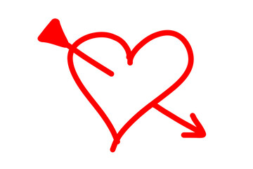 Red heart with arrow hand drawn icon. Hand drawn love shape doodle drawing. Heart symbol illustration for highlights and emphasize scribble icon isolated on transparent png 