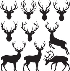 Collection of black silhouette deer heads and full body deer stag buck