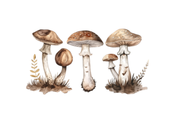 Hand-painted wild mushrooms with earthy tones, whimsical cottage