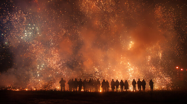 A team celebrating under fireworks after the successful completion of an event (2)