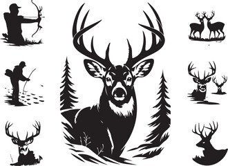 Hunter with bow and deer silhouettes in forest