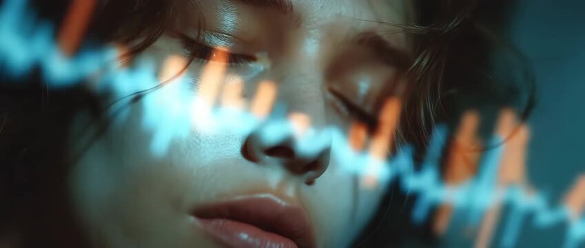 The complex neuroscience of sleep paralysis episodes is highlighted by a medium-length, sharp image of a sleeper's serene face surrounded by hazy, black figures lit by floating REM wave diagrams.