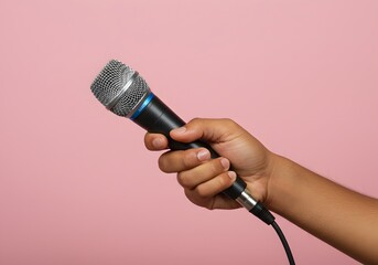 Capture your voice with a handheld microphone against a soft pink backdrop, perfect for podcasts, vocal recordings, or announcements needing a personal touch