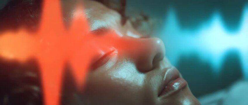 The complex neuroscience of sleep paralysis episodes is highlighted by a medium-length, sharp image of a sleeper's serene face surrounded by hazy, black figures lit by floating REM wave diagrams.