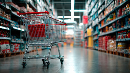 Empty shopping cart standing in grocery store aisle with full shelves
