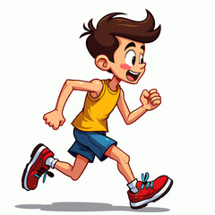 Playful kid jogging in shorts, cartoon boy sports activity art