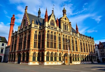 Fototapeta premium Leuven town hall, gothic architecture, central square, Belgium, obelisk, medieval