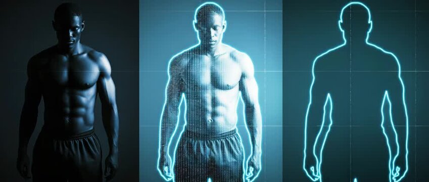 A diffused body fat scanner figure contrasts with sharp BMI chart data in the centre frame, illustrating variations in the accuracy of body composition assessments.