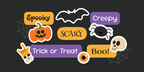 Halloween elements colorful sticker, tags, labels collection. Groovy spooky cartoon character.