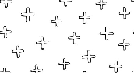 A repeating pattern of hand-drawn plus signs scattered across a white background, creating a simple, minimalist design.