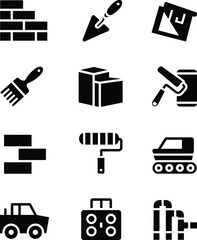 Construction and building tools icons set with brick wall, paint brush, roller, trowel, machinery, architecture, plumbing, black silhouette, flat vector illustration