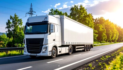 White semi-truck on highway, sunny day (1)
