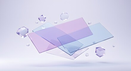 Light blue 3d background with glass holographic transparent cube blocks render. Abstract geometric pattern of square or rectangle shapes with purple pink, wallpaper, generative ai