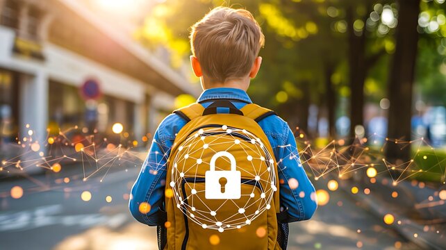 Child with backpack and digital cybersecurity lock symbolizing online safety and protection
