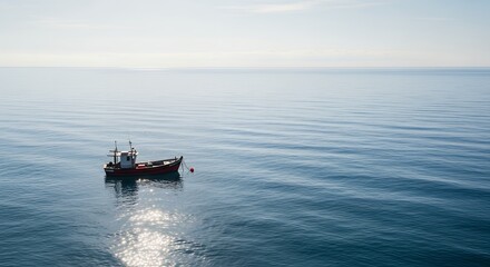 Obraz premium Small Fishing Boat Floating on Calm Blue Ocean with Sunlight Reflections and Horizon
