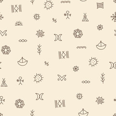 Seamless Sami Folk Symbol Pattern in Minimalist Brown Line Art on Beige